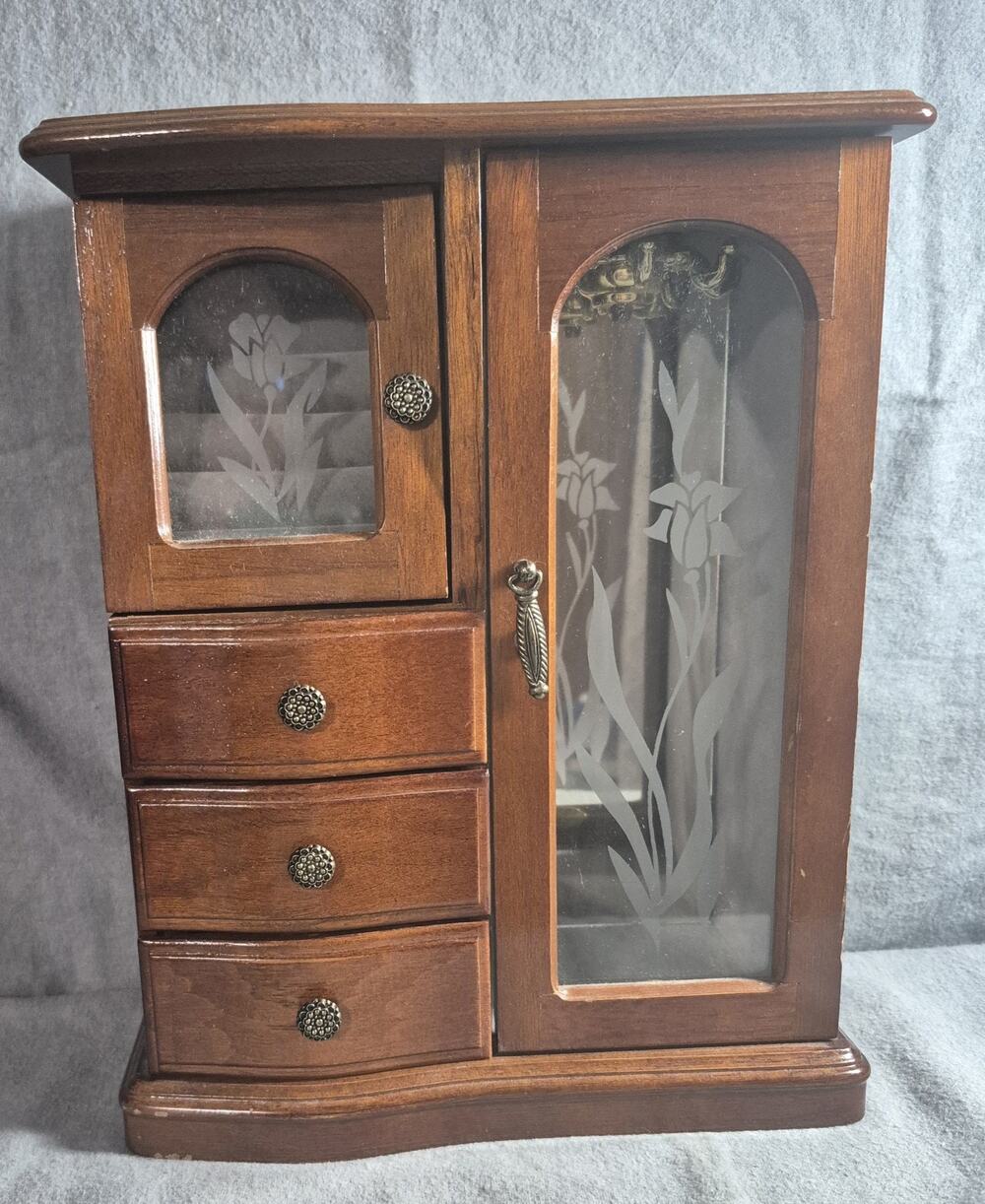 Wooden Jewelry Armoire with Etched Glass Doors & Mirror
